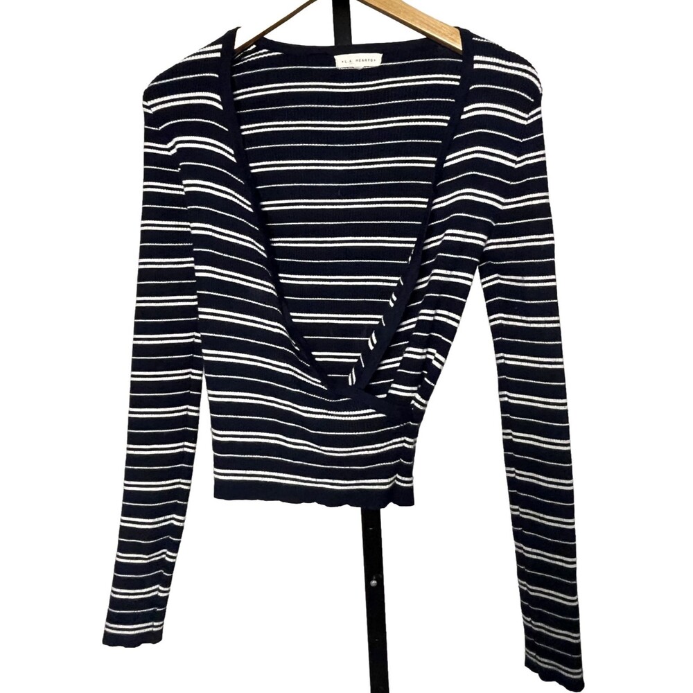 PacSun LA Hearts Navy Stripe Crop Crossover Sweater‎ XS Layering Coastal Preppy